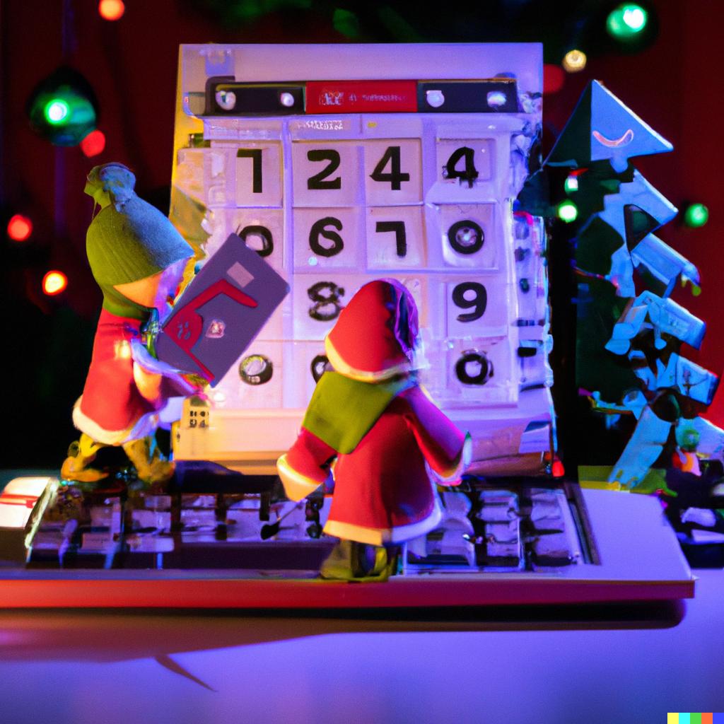 -Christmas-advent-calendar-where-each-box-contains-a-puzzle-Santas-elves-running-around-with-keyboards-and-tablets-red-and-green-christmas-light